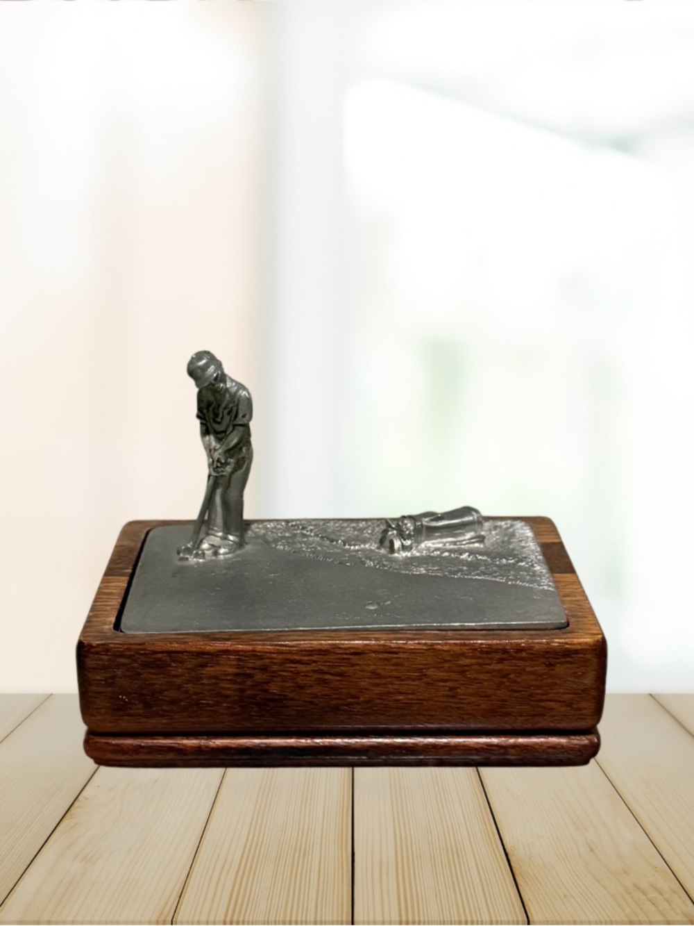 Vintage Kirk Stieff Pewter Golfer Trinket Box - Wooden Base